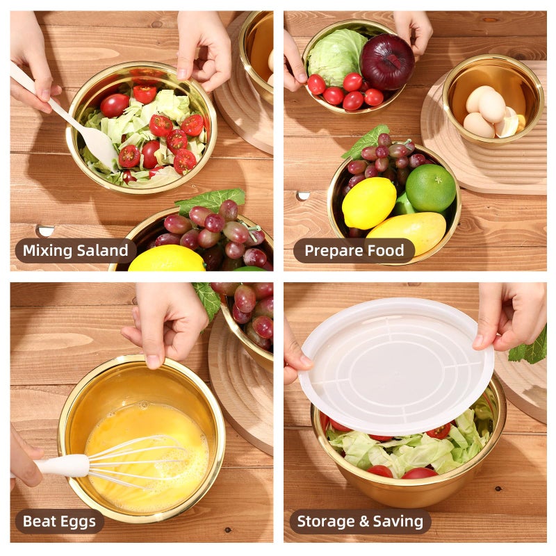 Baderke 7 Pcs Gold Kitchen Accessories Includes Stainless Steel Colander with Handles, 3 Gold Mixing Bowls with Airtight Lids and 3 Fine Mesh Strainer (Colander: 4 Qt, Mixing Bowls: 1/1.5/2 Qt) - Image 5