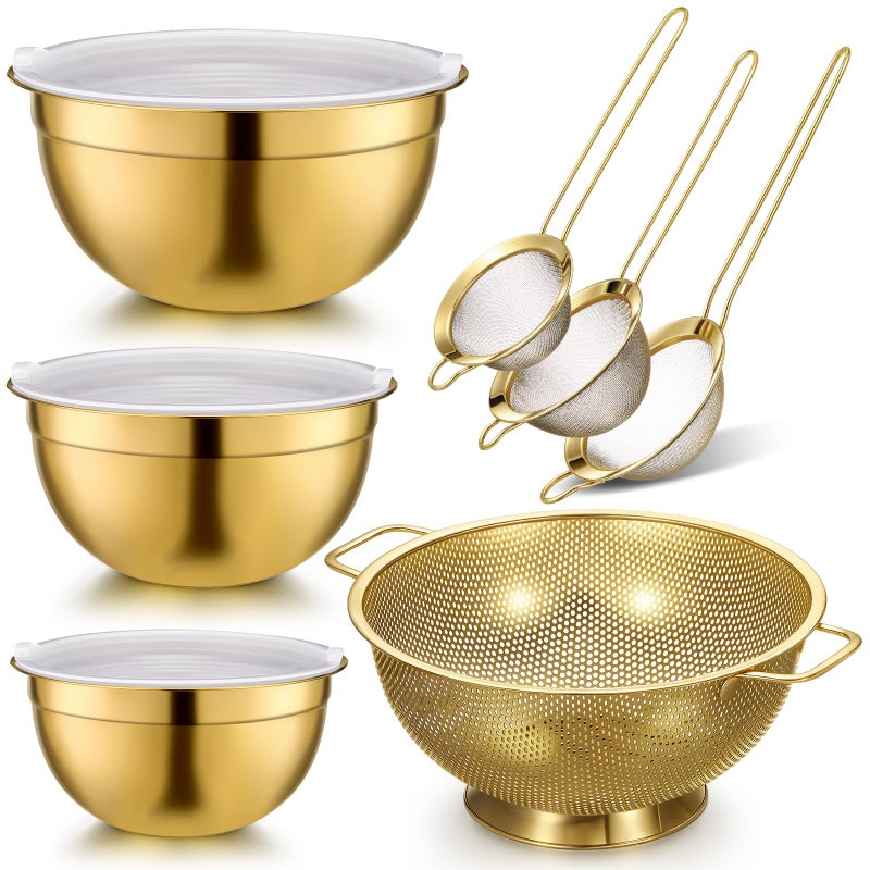 Baderke 7 Pcs Gold Kitchen Accessories Includes Stainless Steel Colander with Handles, 3 Gold Mixing Bowls with Airtight Lids and 3 Fine Mesh Strainer (Colander: 4 Qt, Mixing Bowls: 1/1.5/2 Qt) - Image 1
