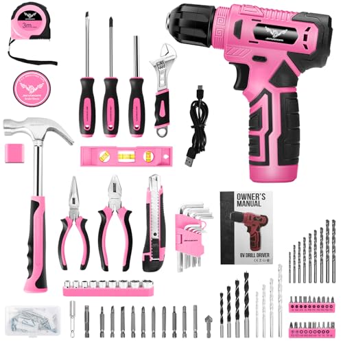 JENABOM Tool Set - 8V Cordless Drill Set, 127 Piece Home Tool Set With Hand Drill, Tool Kit for Women & Men, Perfect for Homeowner, Diyer, Handyman, Pink - Image 4