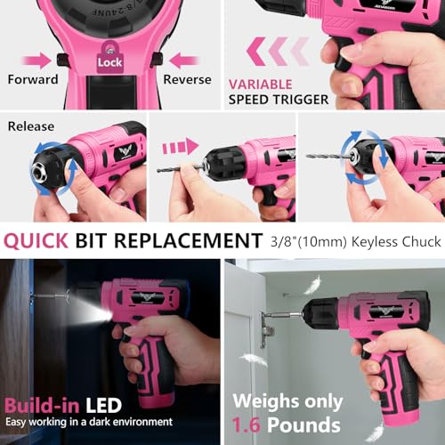 JENABOM Tool Set - 8V Cordless Drill Set, 127 Piece Home Tool Set With Hand Drill, Tool Kit for Women & Men, Perfect for Homeowner, Diyer, Handyman, Pink - Image 5