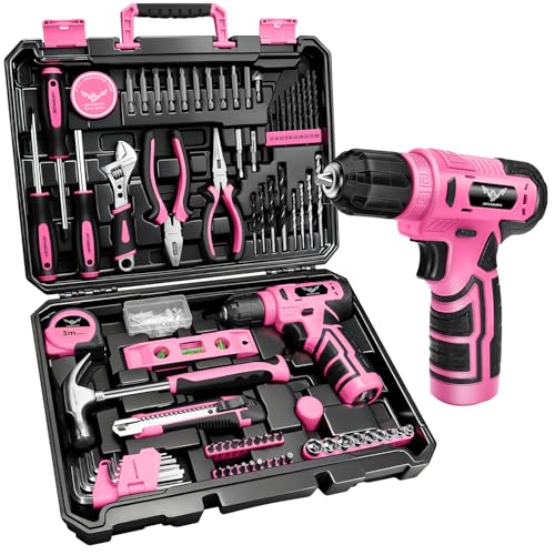 JENABOM Tool Set - 8V Cordless Drill Set, 127 Piece Home Tool Set With Hand Drill, Tool Kit for Women & Men, Perfect for Homeowner, Diyer, Handyman, Pink - Image 1
