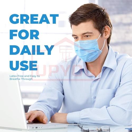 UPYOG [Pack of 100] Single Use Disposable Blue Face Mask, Soft on Skin, 3-ply Masks Facial Cover with Elastic Earloops and Nose Clip Great For Home, Office, School, and Outdoors - Image 3