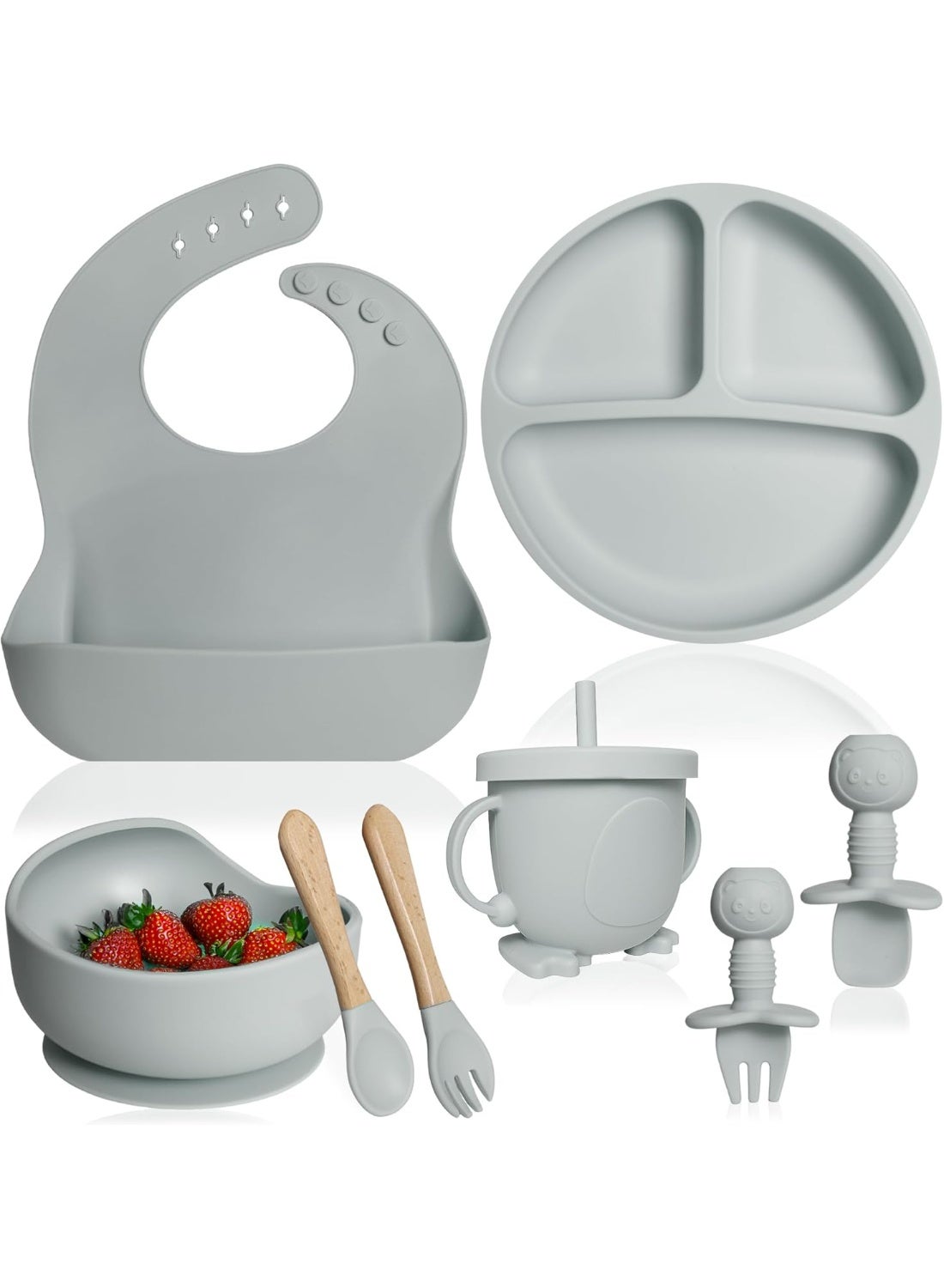 Toriseek Silicone Baby Feeding Set Of 8, Baby Led Weaning Supplies with Suction Bowl Divided Plate, Toddler Self Feeding Dish Set with Spoons Forks Sippy Cup Adjustable Bib