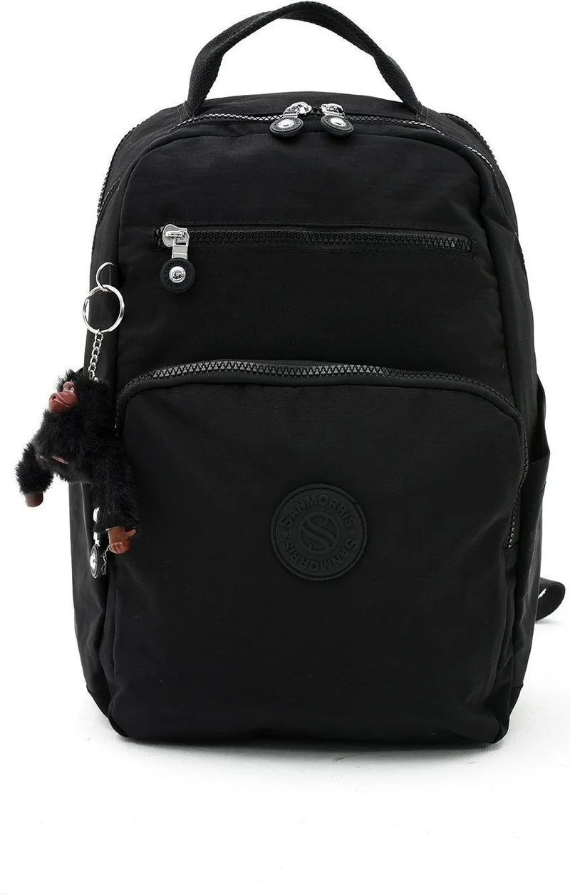 Sanmorris Unisex Water Resistant Crinkle Fabric Multi Compartment Medium Size Black Color Laptop School and Backpack Bag