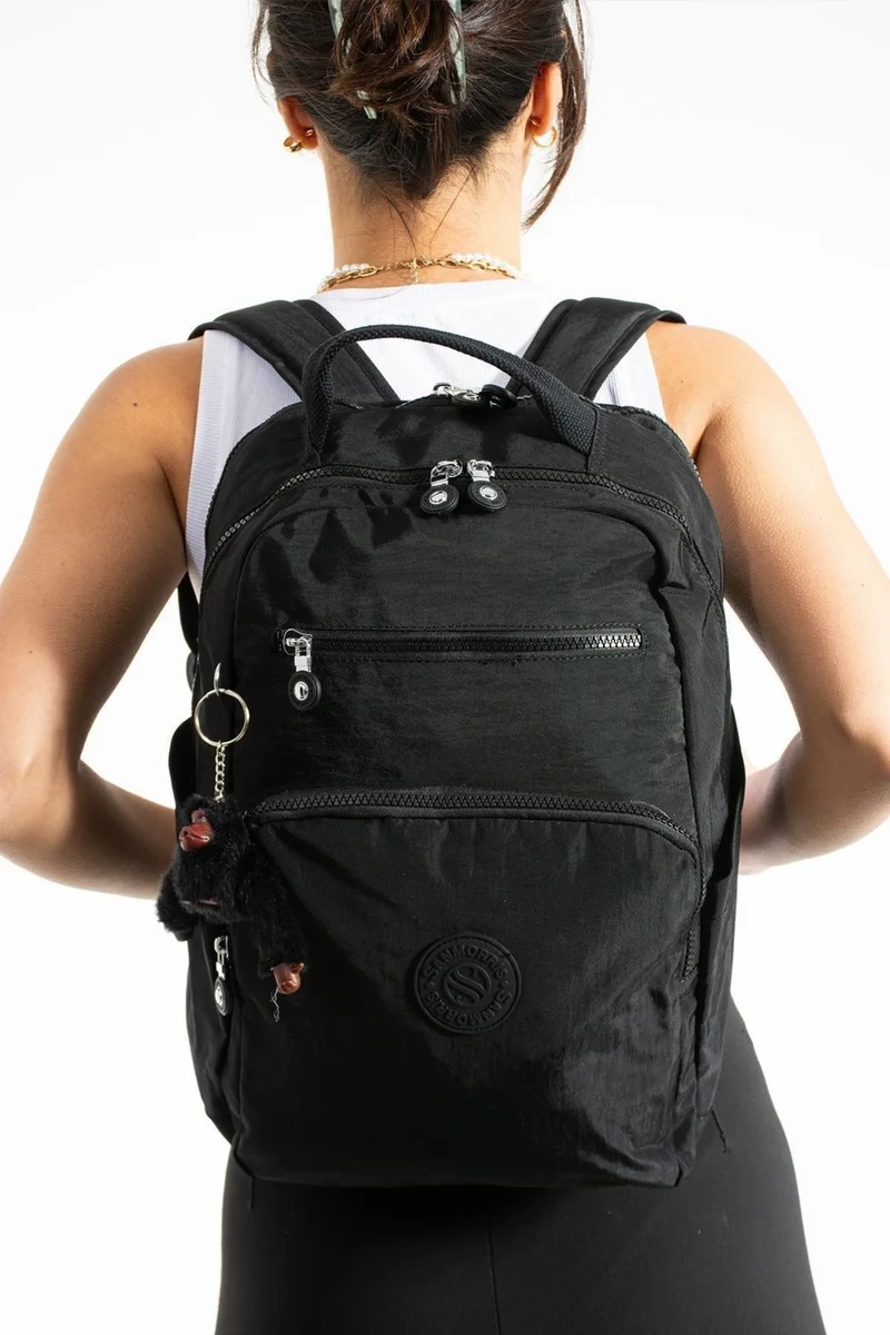 سانموريس Unisex Water Resistant Crinkle Fabric Multi Compartment Medium Size Black Color Laptop School and Backpack Bag