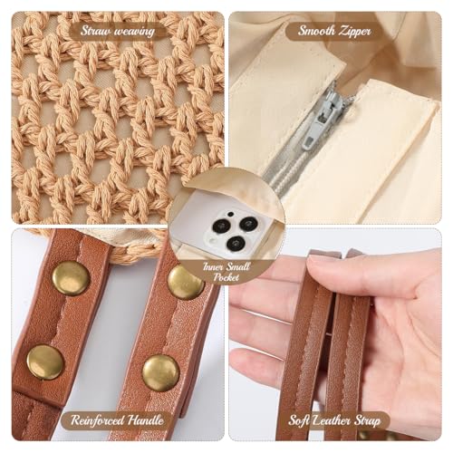 PALAY® Tote Bag for Woman Crochet Beach Shoulder Bag with Leather Strap Summer Beige Soft Woven Handbag for Woman - Image 4
