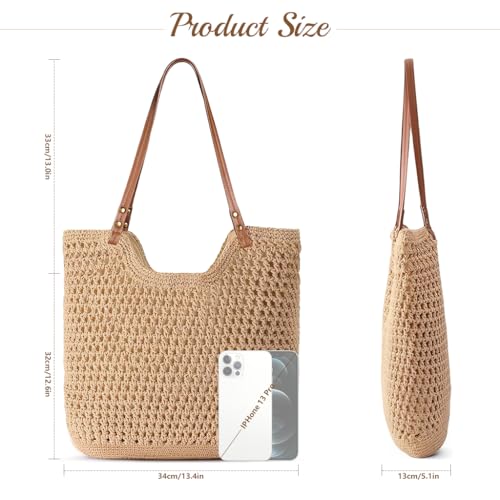 PALAY® Tote Bag for Woman Crochet Beach Shoulder Bag with Leather Strap Summer Beige Soft Woven Handbag for Woman - Image 2
