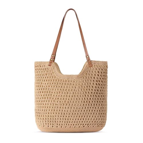 PALAY® Tote Bag for Woman Crochet Beach Shoulder Bag with Leather Strap Summer Beige Soft Woven Handbag for Woman - Image 1
