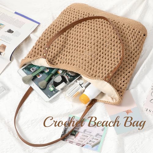 PALAY® Tote Bag for Woman Crochet Beach Shoulder Bag with Leather Strap Summer Beige Soft Woven Handbag for Woman - Image 3