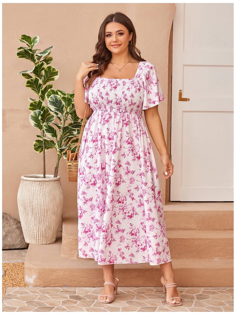 Floerns Women's Plus Size Floral Square Neck Flounce Short Sleeve A Line Maxi Dress Pink Multi XX-Large Plus - Image 5