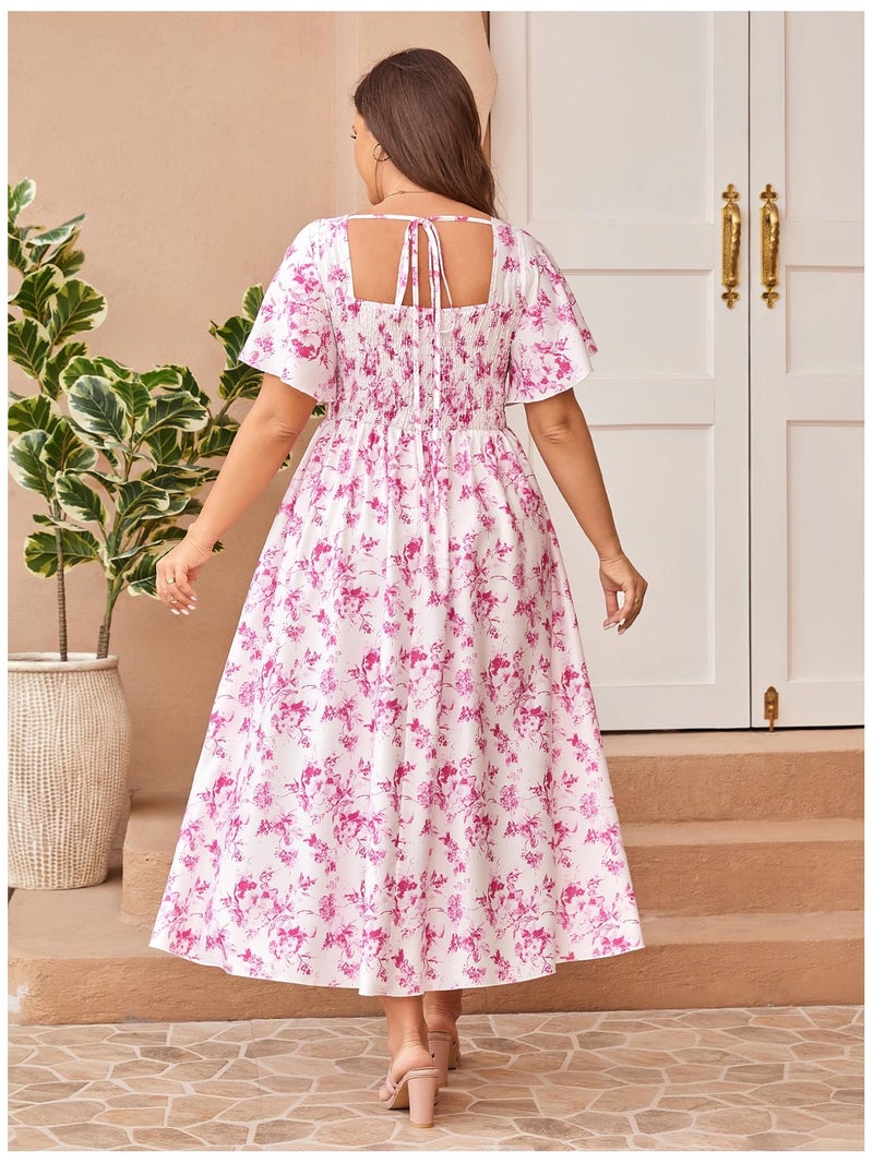 Floerns Women's Plus Size Floral Square Neck Flounce Short Sleeve A Line Maxi Dress Pink Multi XX-Large Plus - Image 2