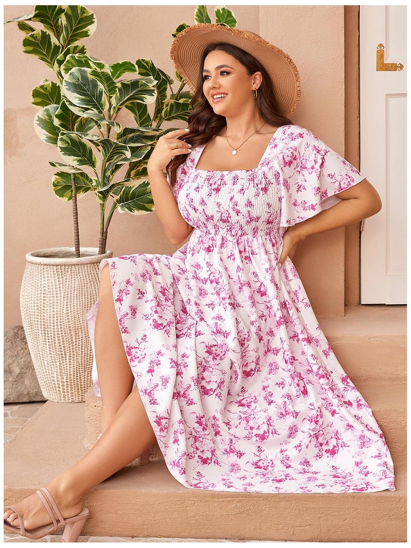 Floerns Women's Plus Size Floral Square Neck Flounce Short Sleeve A Line Maxi Dress Pink Multi XX-Large Plus - Image 4