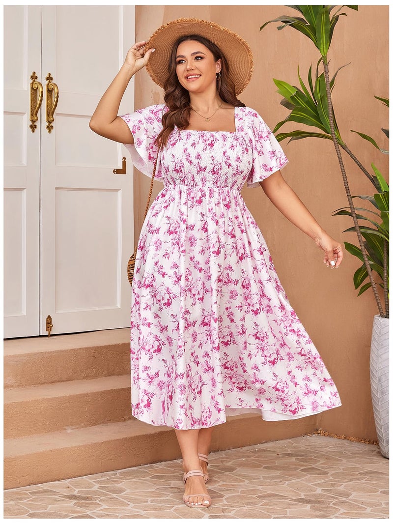 Floerns Women's Plus Size Floral Square Neck Flounce Short Sleeve A Line Maxi Dress Pink Multi XX-Large Plus - Image 3