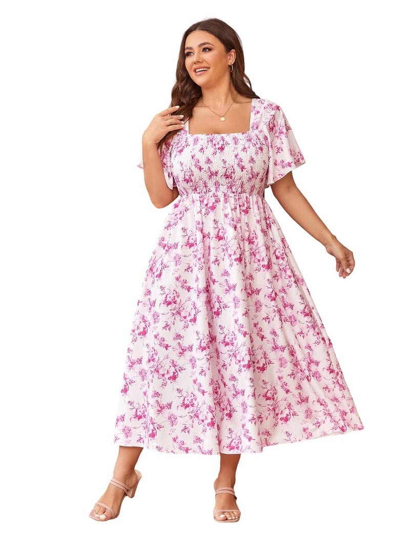 Floerns Women's Plus Size Floral Square Neck Flounce Short Sleeve A Line Maxi Dress Pink Multi XX-Large Plus - Image 1