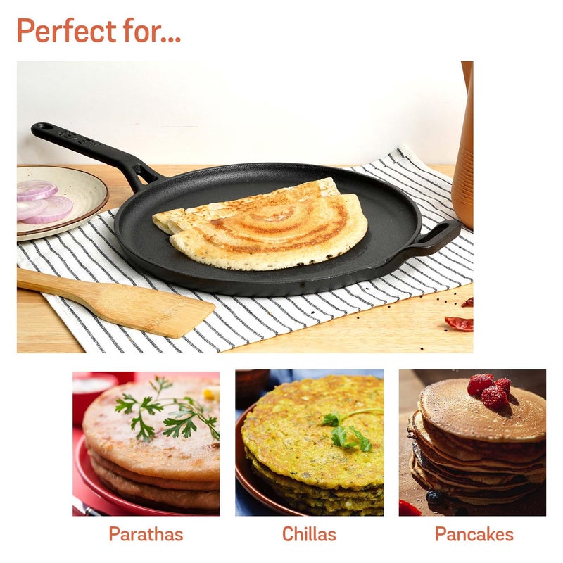 MEYER Pre-Seasoned Cast Iron Flat Dosa, Roti, Chapati Tawa Pan with Stick Handle, Dosa Kallu, Iron Tawa Big Size | Pre-Seasoned Iron Cookware | Gas and Induction Compatible | 28cm, Black - Image 3