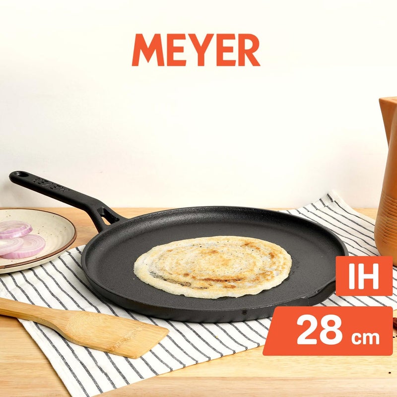 MEYER Pre-Seasoned Cast Iron Flat Dosa, Roti, Chapati Tawa Pan with Stick Handle, Dosa Kallu, Iron Tawa Big Size | Pre-Seasoned Iron Cookware | Gas and Induction Compatible | 28cm, Black - Image 2