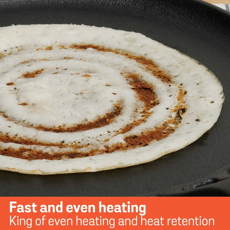 MEYER Pre-Seasoned Cast Iron Flat Dosa, Roti, Chapati Tawa Pan with Stick Handle, Dosa Kallu, Iron Tawa Big Size | Pre-Seasoned Iron Cookware | Gas and Induction Compatible | 28cm, Black - Image 4