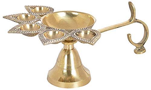 Sai Amrut Sai Amrut S A Panch Aarti Brass Oil Diya and Camphor Burner Lamp 5 Face Diya Golden - Image 1