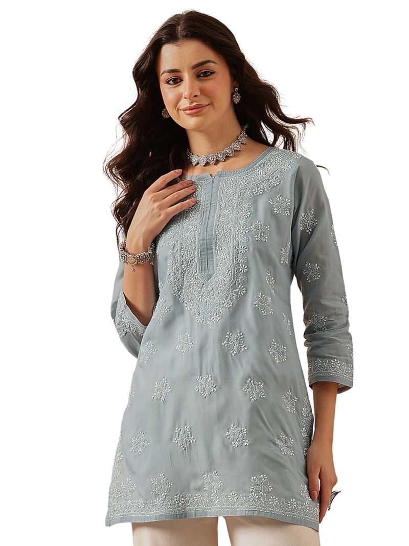 Ada Hand Embroidered Lucknow Chikankari Straight Round Neck Cotton Short Kurti Top for Women A911326 (L, Grey) - Image 1