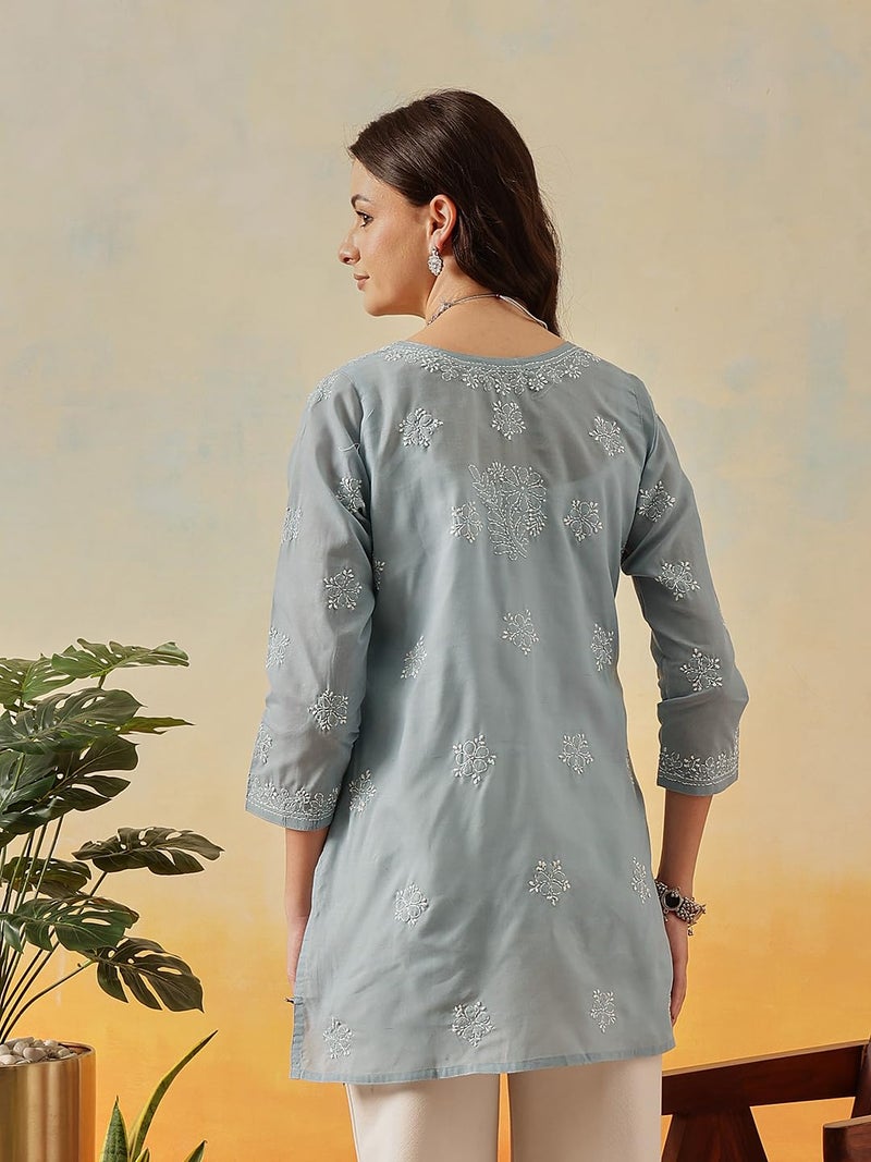 Ada Hand Embroidered Lucknow Chikankari Straight Round Neck Cotton Short Kurti Top for Women A911326 (L, Grey) - Image 2