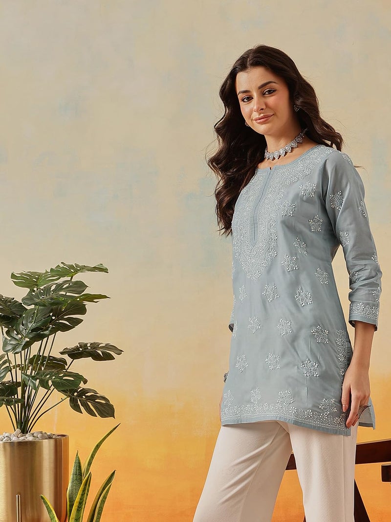 Ada Hand Embroidered Lucknow Chikankari Straight Round Neck Cotton Short Kurti Top for Women A911326 (L, Grey) - Image 4