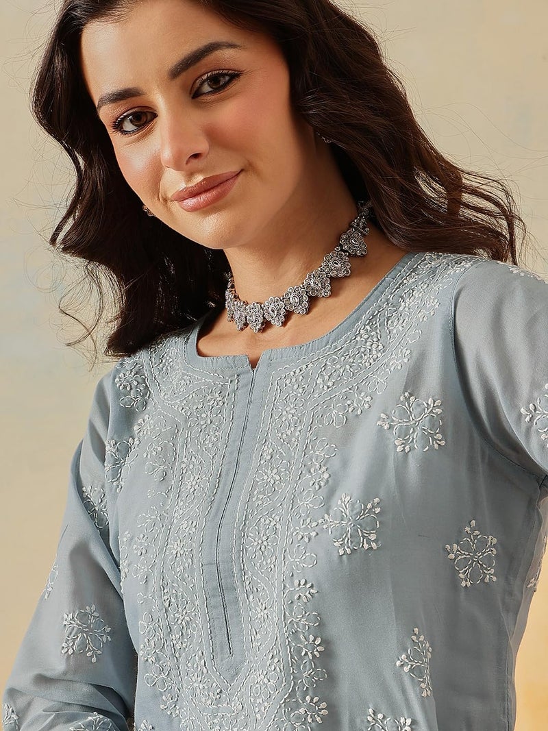 Ada Hand Embroidered Lucknow Chikankari Straight Round Neck Cotton Short Kurti Top for Women A911326 (L, Grey) - Image 5