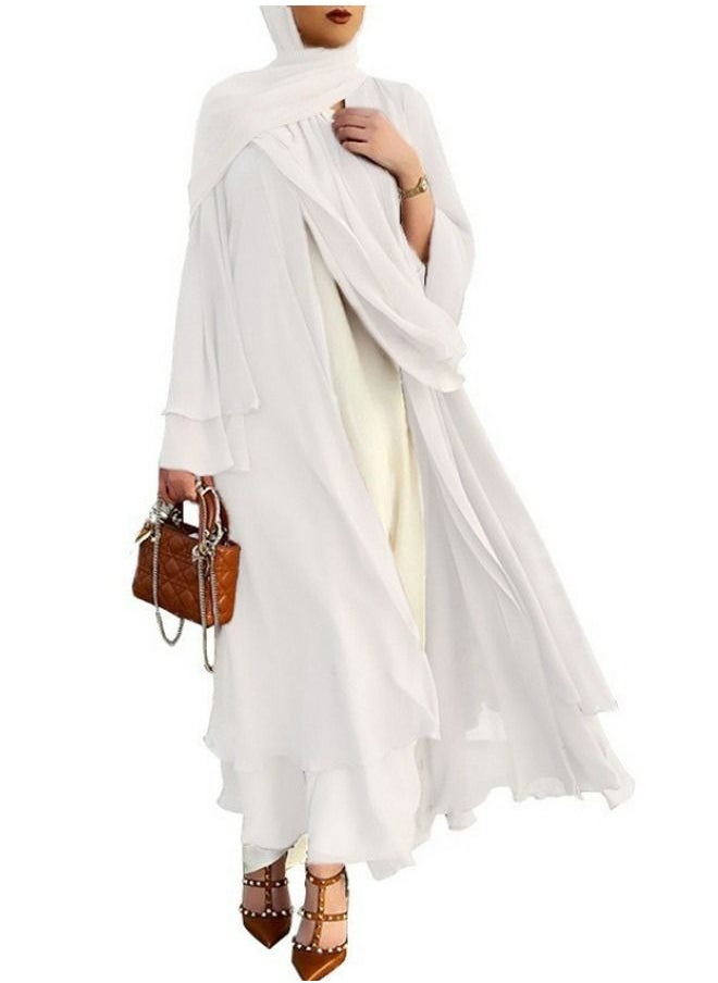 Loquat Women's Solid Color Flared Long-Sleeved Abaya Women's Elegant Long Cardigan Dress White 