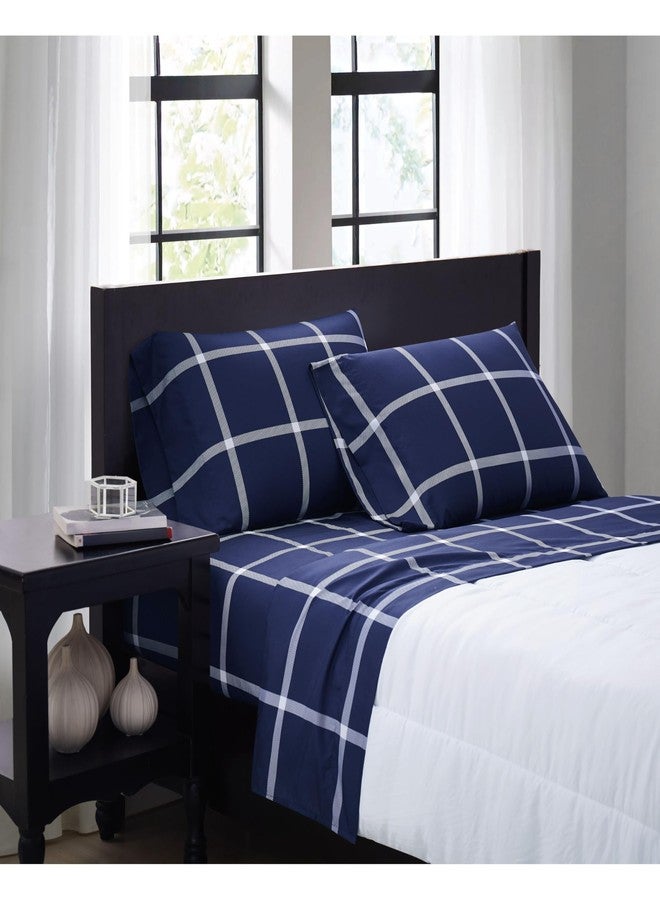 TRULY SOFT Printed Windowpane White and Navy Polyester 4-Piece Full Sheet Set, Geometric Themed, for Men and Women, Oeko-TEX Certified Confidence - Image 1