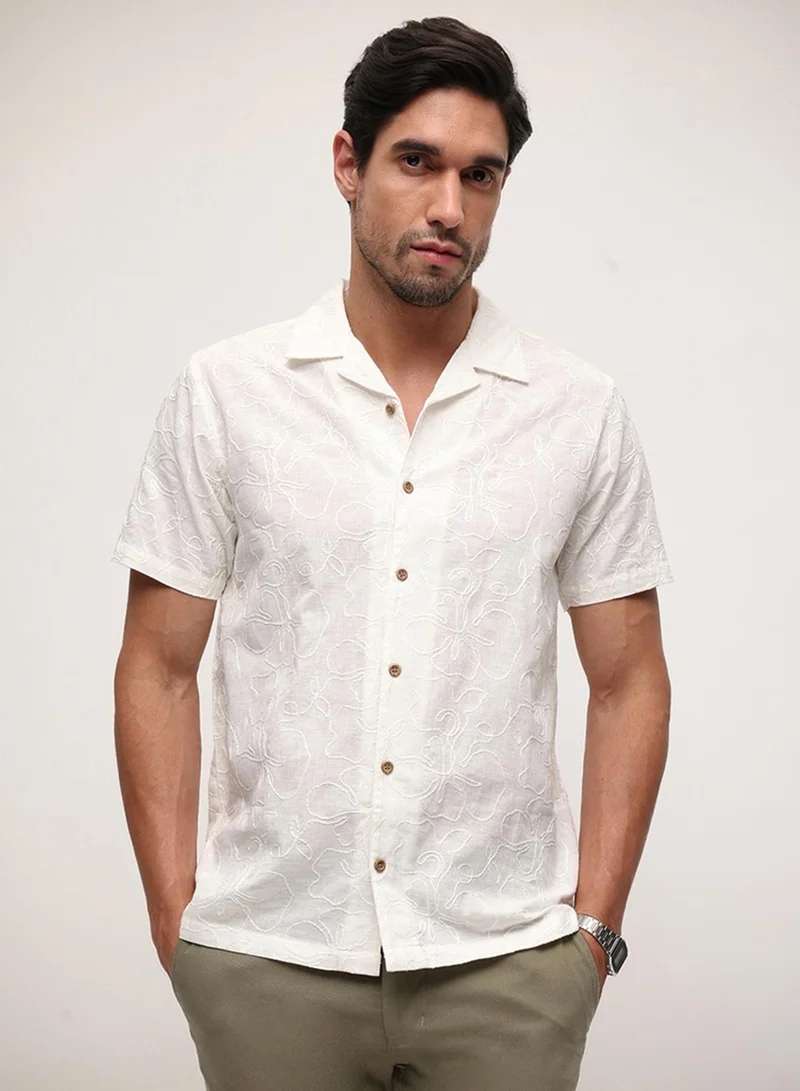 Dennis Lingo Ecru 100% Cotton Embriodered Button Down Relaxed Shirt For Men