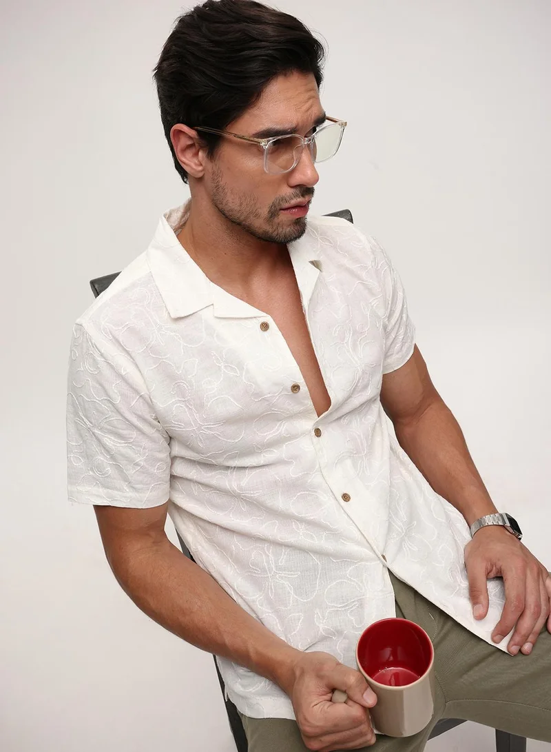 Dennis Lingo  Ecru 100% Cotton Embriodered Button Down Relaxed Shirt For Men for Men | Best Price UAE
