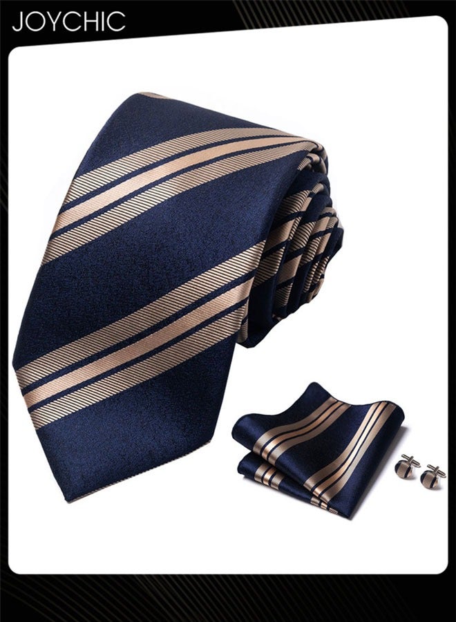 Joychic Men Classic Pattern Business Adjustable Necktie and Pocket Square Cufflink Set for Office Work Formal Occasions - Image 2