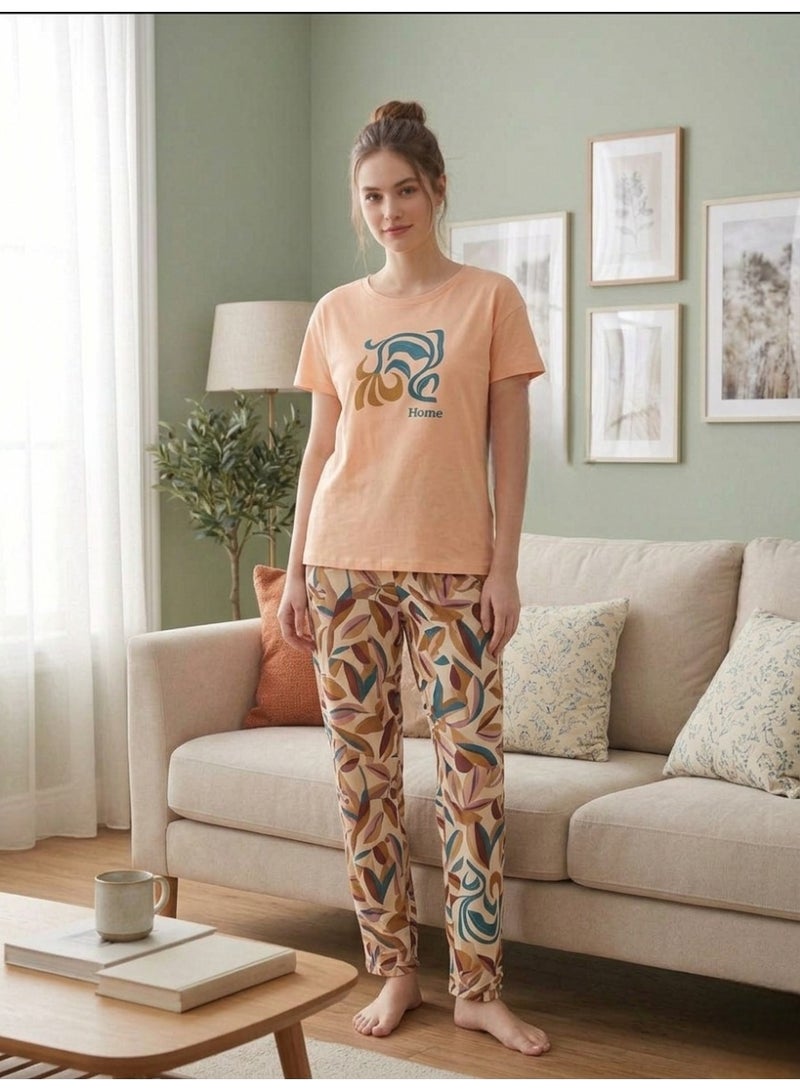 Women's 2-Piece Loungewear Set - Short Sleeve Graphic T-Shirt & Patterned Pants, Peach/Multicolor - Image 1