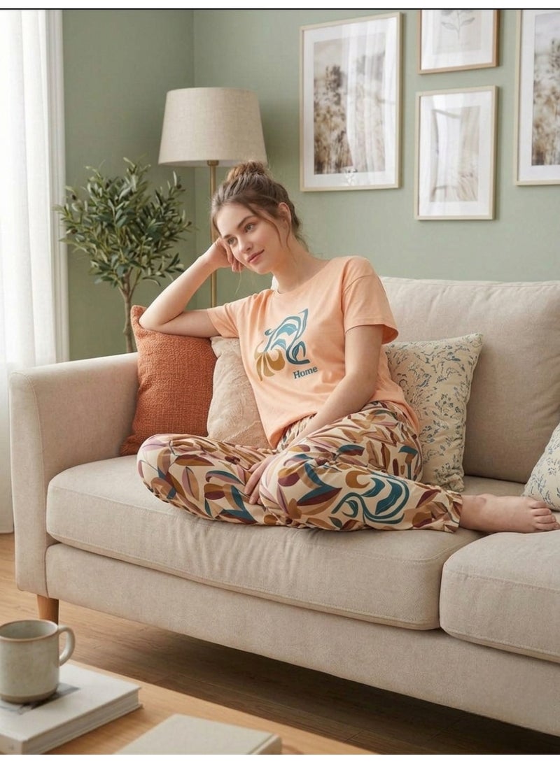 Women's 2-Piece Loungewear Set - Short Sleeve Graphic T-Shirt & Patterned Pants, Peach/Multicolor - Image 2
