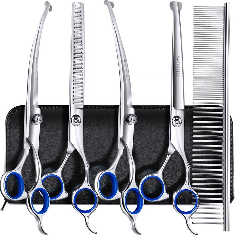 Gimars 7.0in Professional 4CR Stainless Steel Safety Round Tip 6 in 1 Professional Dog Grooming Scissors Heavy Duty Titanium Coated Pet Grooming Scissor for Dogs, Cats and Other Animals - Image 1
