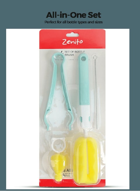 طقم فرشاة زينيتو لتنظيف زجاجات وإكسسوارات الطفل - شعيرات ناعمة، بلاستيك BPA-Free، مقبض طويل لسهولة الإستخدام