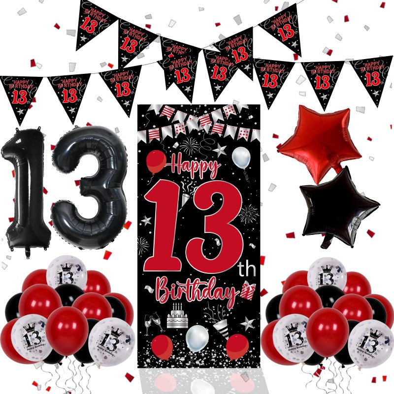 Pounira 13th Birthday Decorations for Boys Girls Red Black Happy 13th Birthday Door Banner Sign Boy 13 Year Old Bday Party Decor Triangle Flag Large 13 Balloons Official 13 Teenager Decorations - Image 3