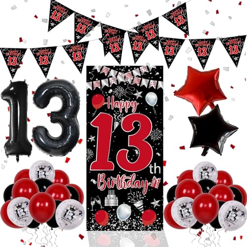 Pounira 13th Birthday Decorations for Boys Girls Red Black Happy 13th Birthday Door Banner Sign Boy 13 Year Old Bday Party Decor Triangle Flag Large 13 Balloons Official 13 Teenager Decorations - Image 1