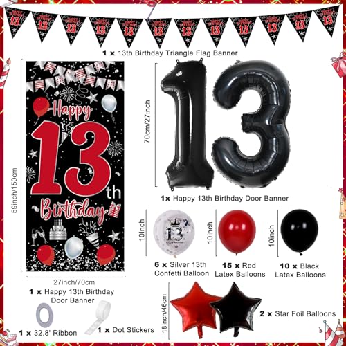 Pounira 13th Birthday Decorations for Boys Girls Red Black Happy 13th Birthday Door Banner Sign Boy 13 Year Old Bday Party Decor Triangle Flag Large 13 Balloons Official 13 Teenager Decorations - Image 5
