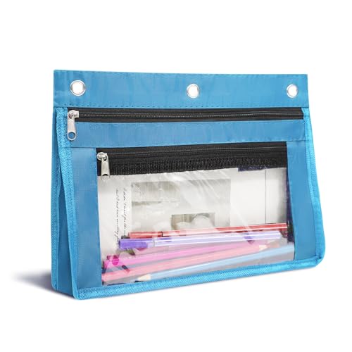 YoeeJob 1 Pack Pencil Pouch for 3 Ring Binder, Expandable Binder Pouches with Zipper, Large Capacity Pen Holder Case with Clear Window School Class Office Organizers, Sky Blue - Image 1
