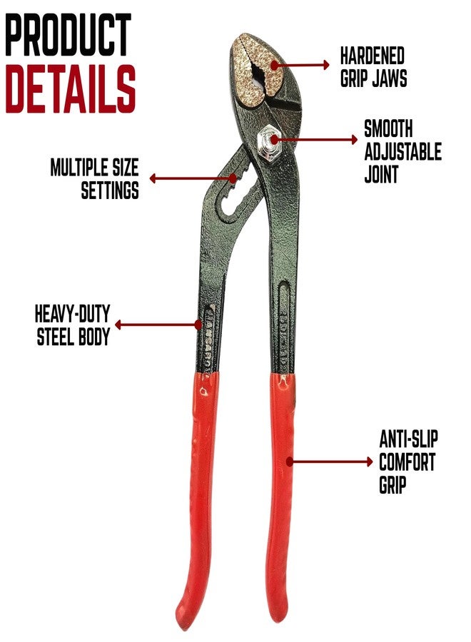 Magrido 10 Inch Curved Water Pump Plier – Insulated Steel Pipe Wrench for Plumbing, Heavy-Duty Adjustable Groove Joint Monkey Spanner – Anti-Slip Grip (Red & Black) - Image 2