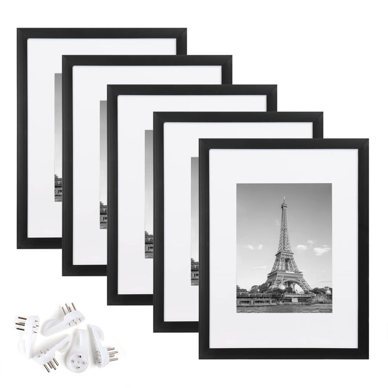upsimples 9x12 Picture Frame Set of 5 Display Pictures 6x8 with Mat or 9x12 Without Mat Wall Gallery Photo Frames  Black - Image 1