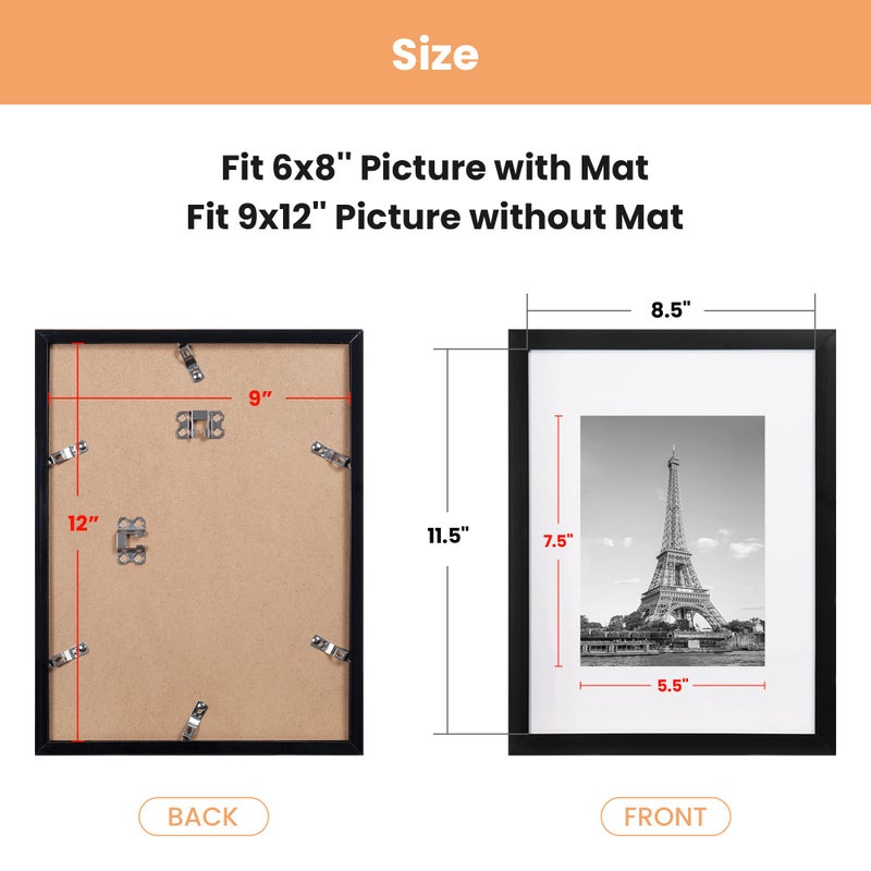 upsimples 9x12 Picture Frame Set of 5 Display Pictures 6x8 with Mat or 9x12 Without Mat Wall Gallery Photo Frames  Black - Image 4