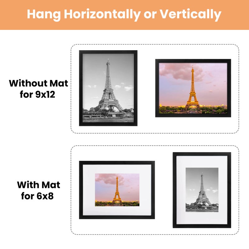 upsimples 9x12 Picture Frame Set of 5 Display Pictures 6x8 with Mat or 9x12 Without Mat Wall Gallery Photo Frames  Black - Image 5