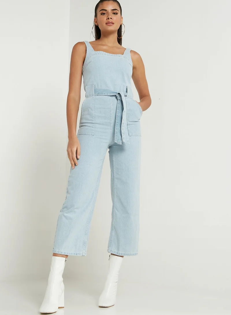 TOPSHOP Pocket Detail Belted Denim Jumpsuit