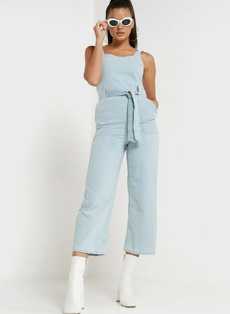 TOPSHOP Pocket Detail Belted Denim Jumpsuit