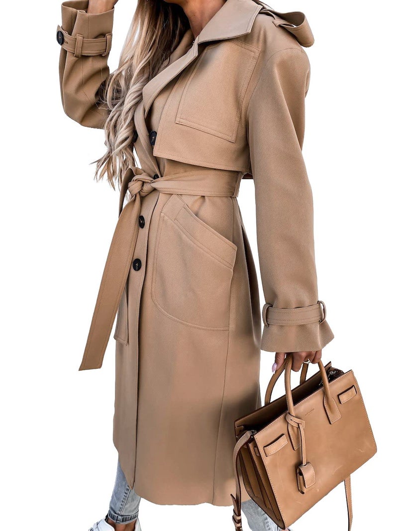 Fisoew Women's Double Breasted Long Trench Coat Windproof Classic Lapel Belted Overcoat with Pockets - Image 3