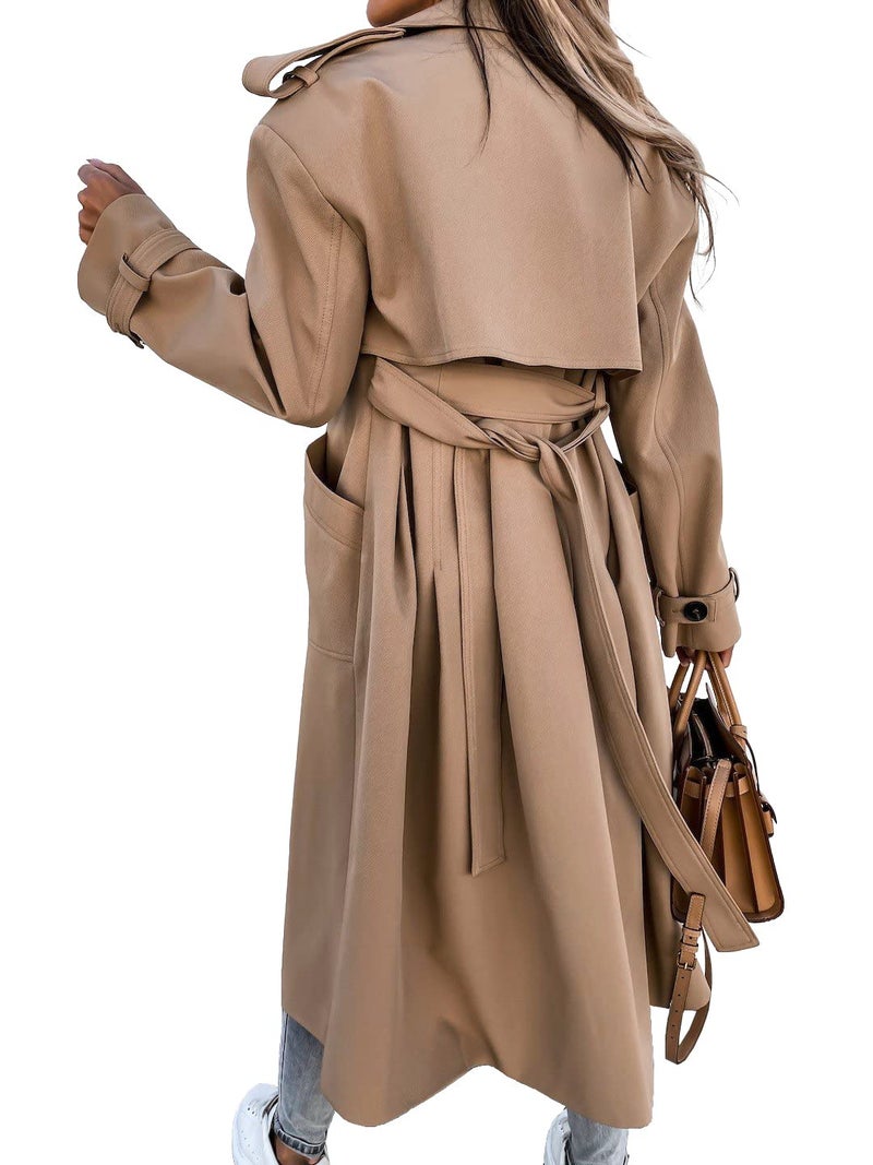 Fisoew Women's Double Breasted Long Trench Coat Windproof Classic Lapel Belted Overcoat with Pockets - Image 4