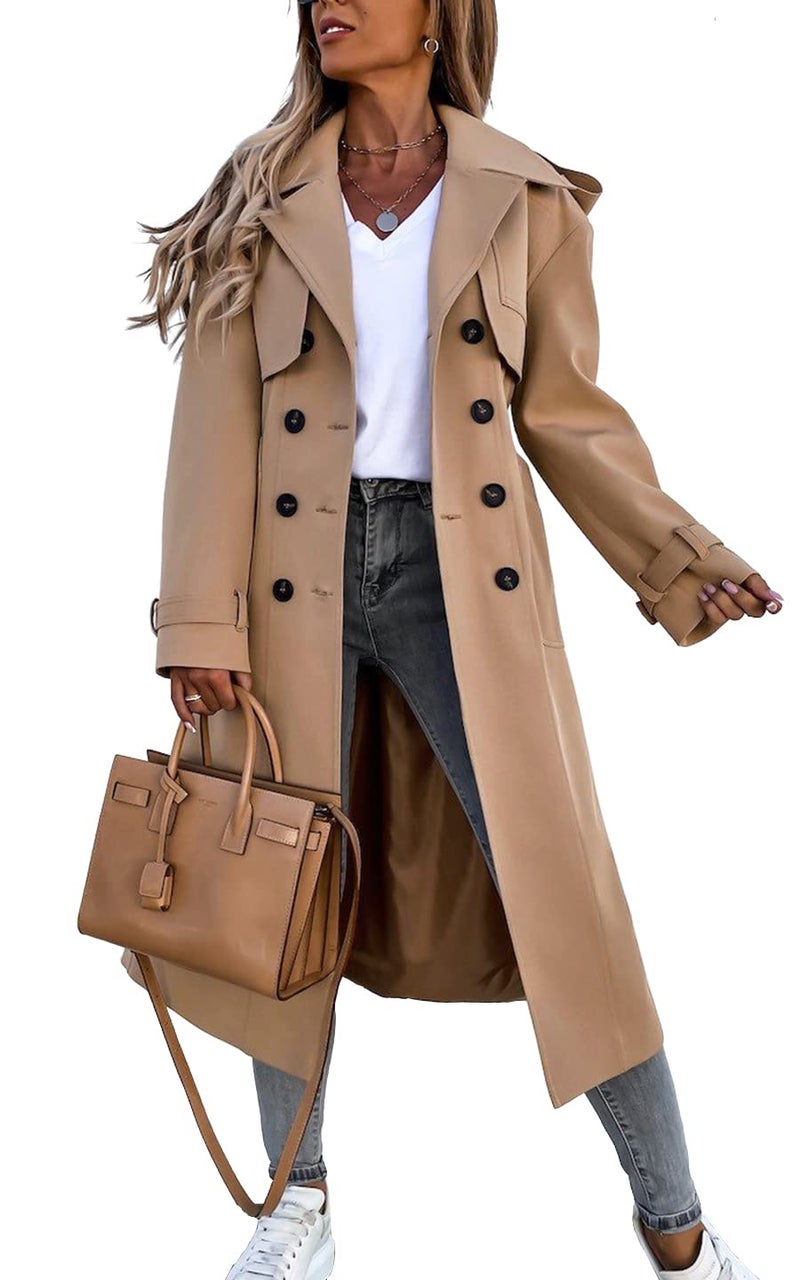 Fisoew Women's Double Breasted Long Trench Coat Windproof Classic Lapel Belted Overcoat with Pockets - Image 1
