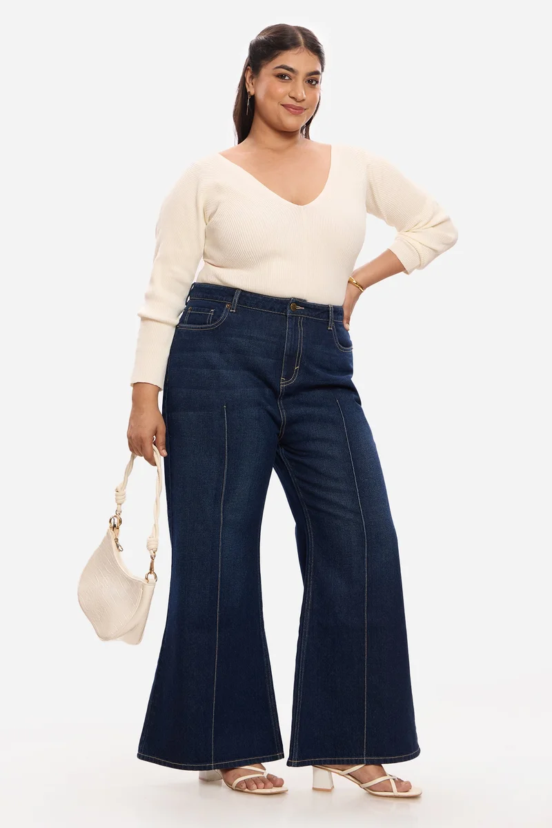 فيرجيو Solid Cotton Denim Bootcut Plus Size Jeans for Women