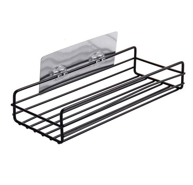 SELF ADHESIVE METAL PUNCHFREE MULTIPURPOSE KITCHEN BATHROOM SHELF WALL HOLDER STORAGE RACK BATHROOM RACK STORAGE BOX WITH STRONG MAGIC STICKER SHOWER CADDIES IRON MATERIAL BLACK